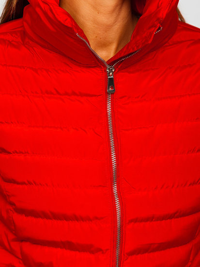 Червено капитонирано дамско зимно яке без качулка Bolf 23063