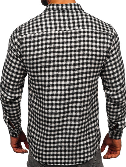 Черно-бяла карирана бархетна мъжка риза с дълъг ръкав Bolf 22701