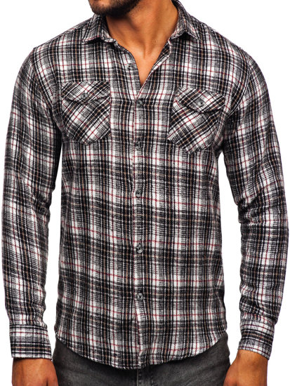 Черно-бяла мъжка бархетна риза с дълъг ръкав Bolf 20731-2