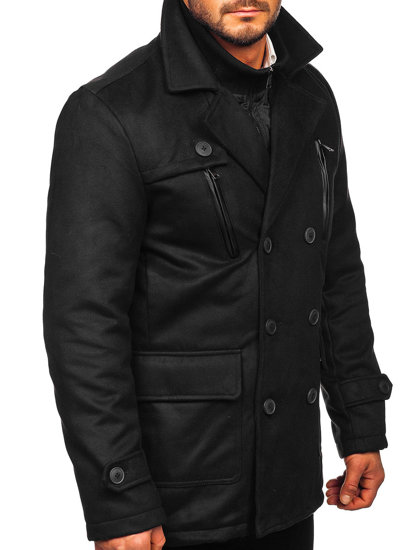 Черно двуредно мъжко зимно палто с подвижна допълнителна яка Bolf M3143