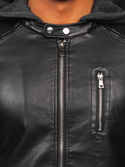 Черно мъжко кожено яке с качулка biker Bolf 11Z8018