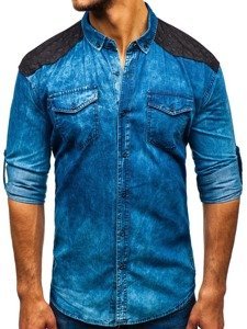 Мъжка дънкова риза с шарки и дълъг ръкав синя Bolf 0517