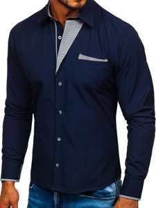 Мъжка елегантна риза с дълъг ръкав тъмносиня Bolf 4713