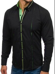 Мъжка елегантна риза с дълъг ръкав черно-зелена Bolf 2964