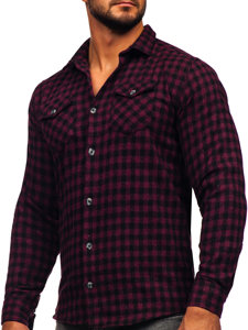 Мъжка карирана бархетна риза с дълъг ръкав в цвят бордо Bolf 22701