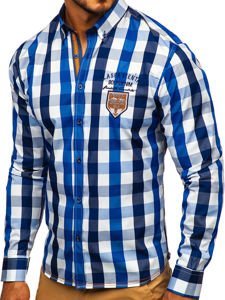 Мъжка карирана риза с дълъг ръкав синя Bolf 1766-1