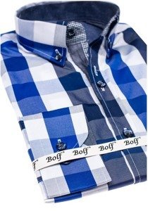 Мъжка карирана риза с дълъг ръкав синя Bolf 2779