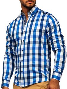 Мъжка карирана риза с дълъг ръкав синя Bolf 2779
