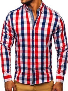 Мъжка карирана риза с дълъг ръкав червена Bolf 2779