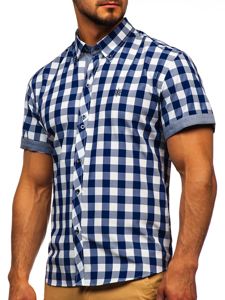 Мъжка карирана риза с къс ръкав тъмносиня Bolf 6522