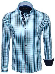 Мъжка риза на каре виши с дълъг ръкав цвят тюркоаз Bolf 4712