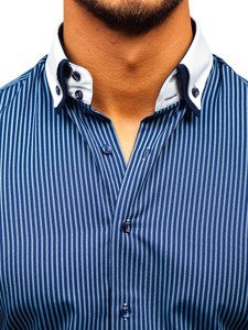 Мъжка риза на райета с къс ръкав тъмносиня Bolf 1808