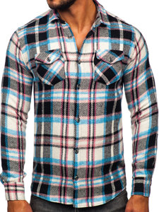 Синьо-розова карирана бархетна мъжка риза с дълъг ръкав Bolf 22704