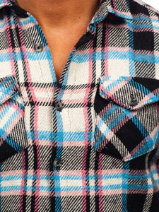 Синьо-розова карирана бархетна мъжка риза с дълъг ръкав Bolf 22704