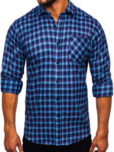 Синьo-червенa мъжка бархетна карирана риза с дълъг ръкав Bolf F4