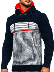 Тъмнсиньо-червен дебел мъжки пуловер с вдигната яка Bolf 2026