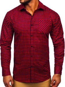 Червена мъжка бархетна карирана риза с дълъг ръкав Bolf F8-2