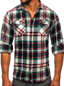 Червено-зелена карирана бархетна мъжка риза с дълъг ръкав Bolf 22704