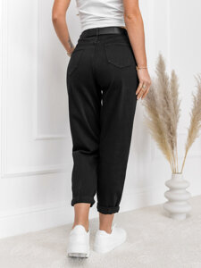 Черен дамски деним панталон с висока талия, колан и чанта Bolf LA688