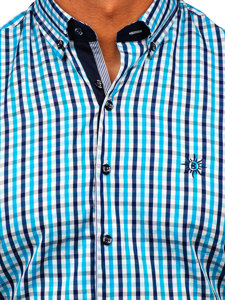 Koszula męska w kratę z krótkim rękawem turkusowa Bolf 4510