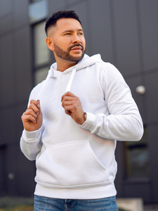 Бял мъжки суитшърт с качулка с джоб тип кенгуру Bolf 2009A