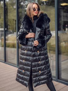 Черно дълго дамско зимно капитонирано яке с качулка Bolf 5M3160