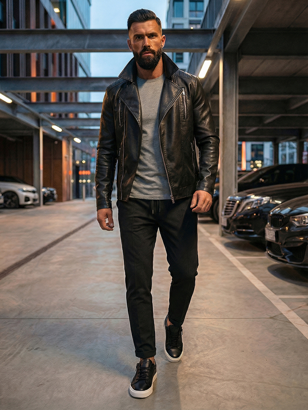 Черно мъжко кожено яке тип рокерско Bolf 11Z8056