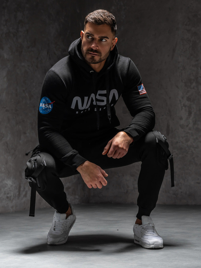 Черен мъжки суичър с качулка тип кенгуру с щампа BOLF 146956B