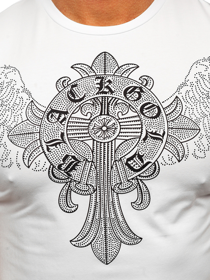 Бяла мъжка тениска с принт z cekinami Bolf MT3037
