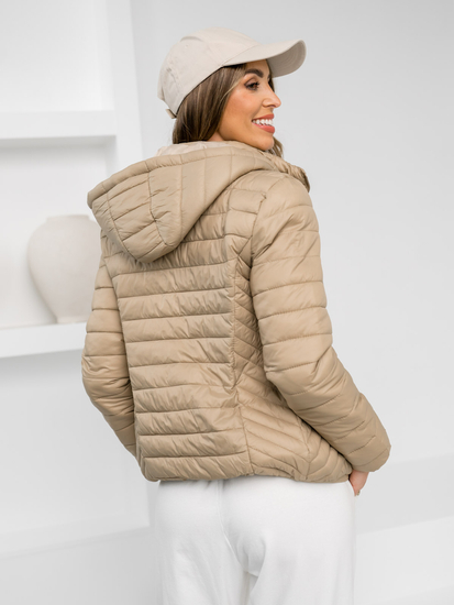 Бежово капитонирано дамско преходно яке с качулка Bolf B0124