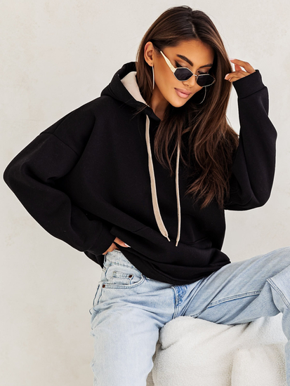 Дамски подплатен суитшърт с качулка черен Bolf 82131