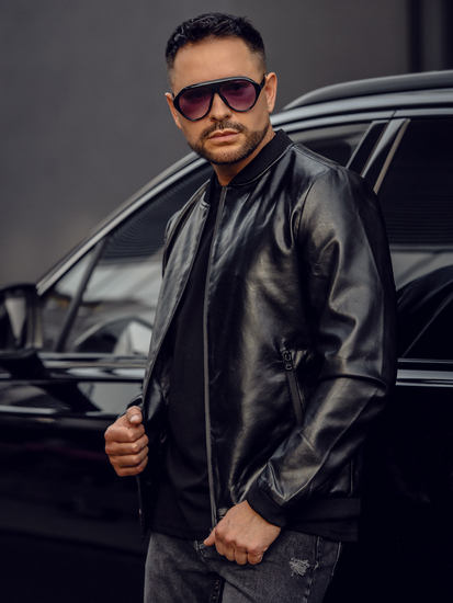 Черно кожено мъжко яке бомбър Bolf 6803A