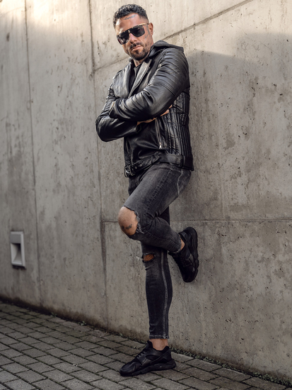 Черно кожено рокерско мъжко яке с качулка biker Bolf 11Z8005