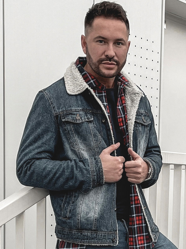 Тъмносиньо дънково  яке тип trucker с топла подплата и каракул на яката  Bolf 1155A