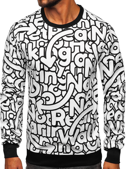 Чернo-бял мъжки суитшърт без качулка с принт Bolf 8B1137