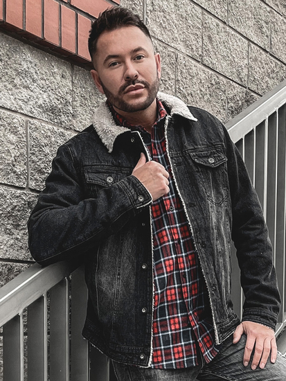 Черно дънково яке тип trucker с топла подплата и каракул на яката Bolf 1158A