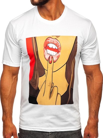 Бяла памучна мъжка тениска с принт Bolf 143018