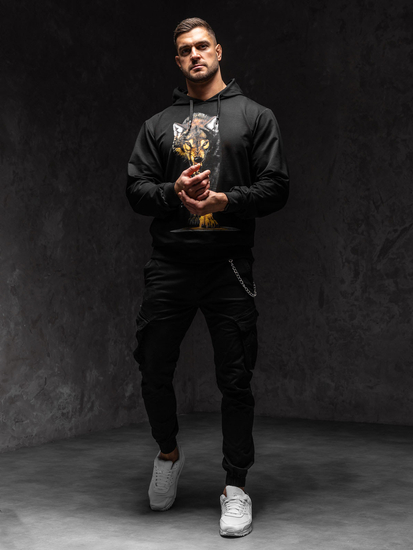 Черен мъжки с принт суитшърт с качулка Bolf 6141