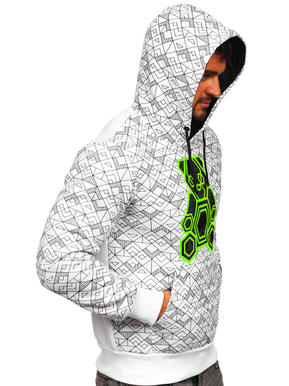 Бял с качулка мъжки суитшърт с апликация от цирконий Bolf HM566