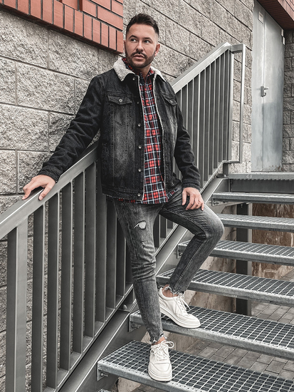 Черно дънково яке тип trucker с топла подплата и каракул на яката Bolf 1158A