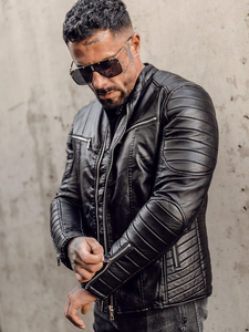 Черно кожено мъжко яке със свалящи се ръкави biker Bolf 11Z8011