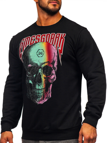 Черен мъжки суитшърт без качулка с принт и апликации Bolf 6445