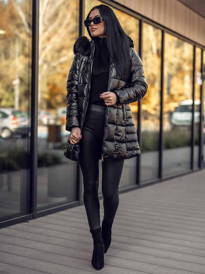 Черно дълго капитонирано дамско зимно яке с качулка Bolf 16M9120A
