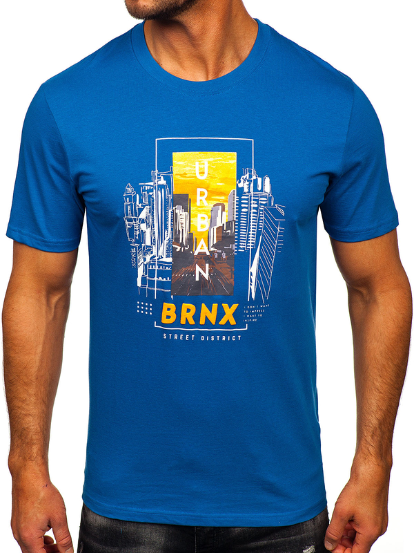 Синя памучна мъжка тениска с щампа Bolf MPO3452