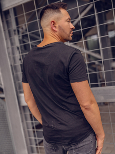 Черна памучна мъжка тениска с V-образно деколте без щампа Bolf 4049A