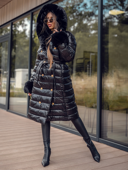 Черно дълго дамско зимно капитонирано яке с качулка Bolf 5M3160