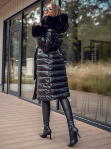 Черно дълго дамско зимно капитонирано яке с качулка Bolf 5M3160