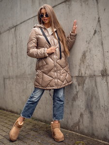 Дълго капитонирано дамско зимно яке с качулка в цвят камел Bolf 5M3189