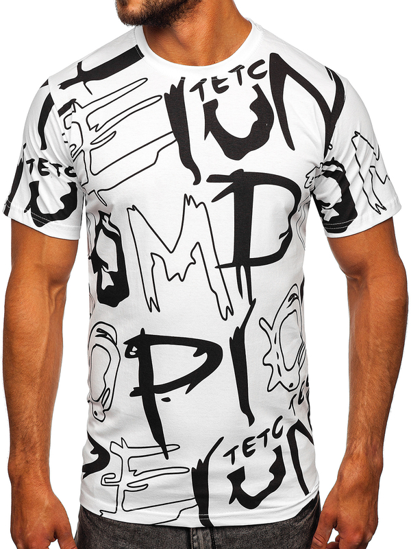 Бяла памучна мъжка тениска с принт Bolf KS1972