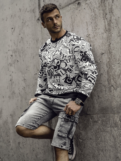 Черно-бял мъжки суичър без качулка с щампа Bolf 8B1135A